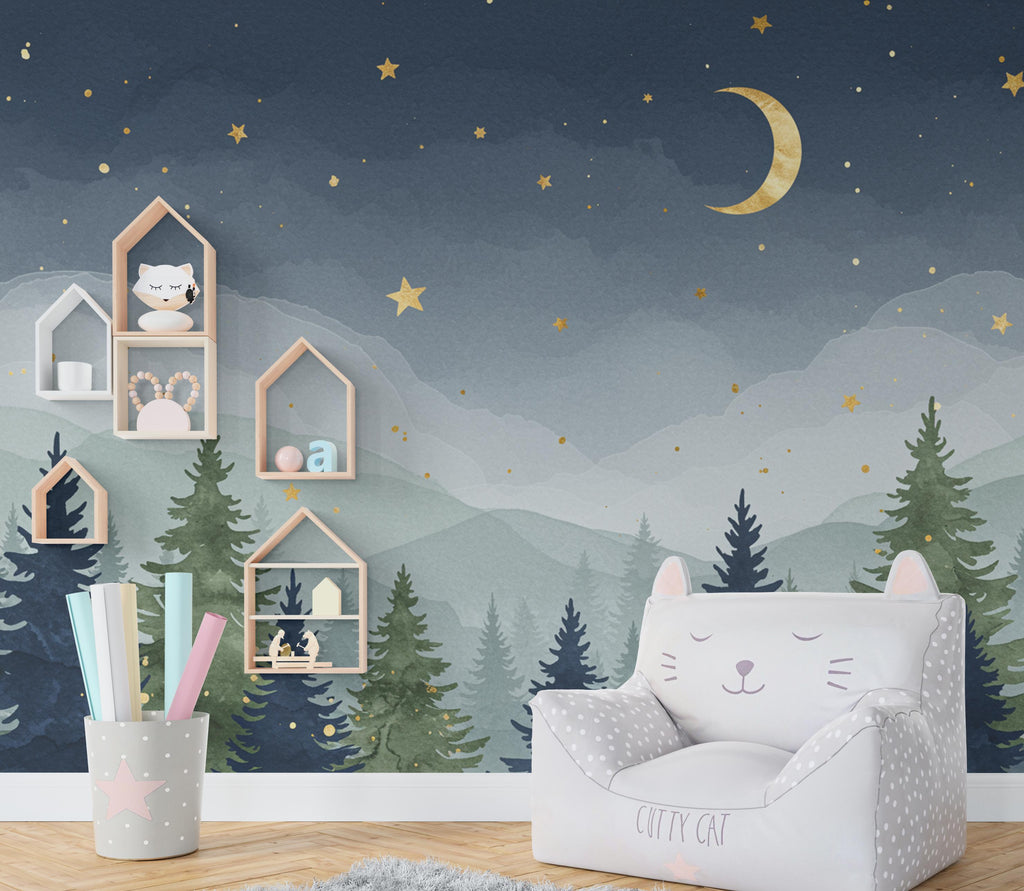 Starry Night Forest Wallpaper – Luxury Watercolor Moon and Stars Mural, Enchanted Kids Room or Nursery Wall Art 888RS