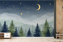 Load image into Gallery viewer, Starry Night Forest Wallpaper – Luxury Watercolor Moon and Stars Mural, Enchanted Kids Room or Nursery Wall Art 888RS