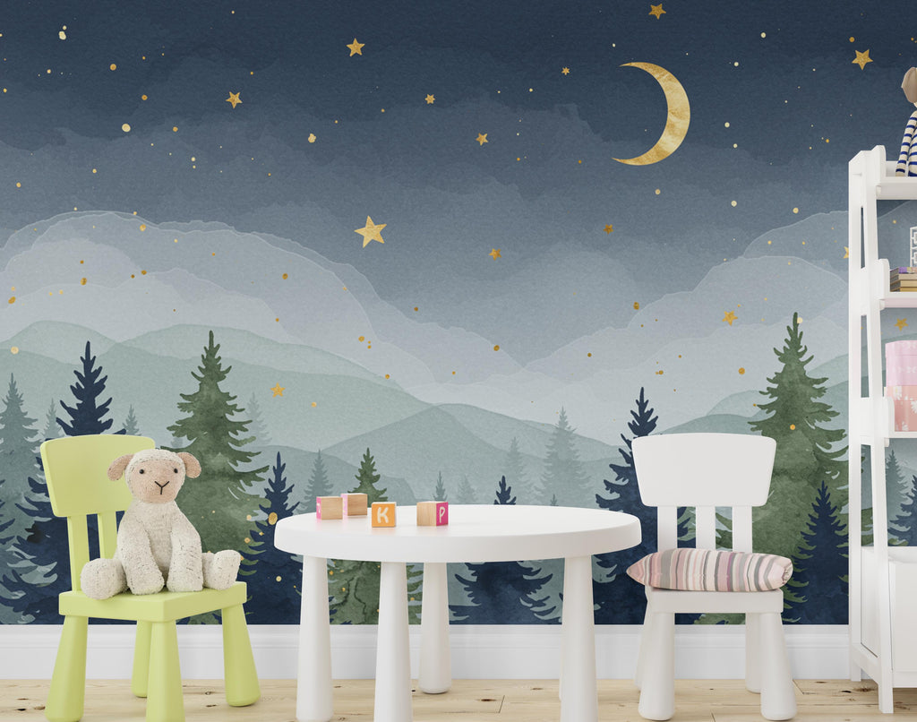 Starry Night Forest Wallpaper – Luxury Watercolor Moon and Stars Mural, Enchanted Kids Room or Nursery Wall Art 888RS
