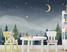 Load image into Gallery viewer, Starry Night Forest Wallpaper – Luxury Watercolor Moon and Stars Mural, Enchanted Kids Room or Nursery Wall Art 888RS