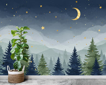 Load image into Gallery viewer, Starry Night Forest Wallpaper – Luxury Watercolor Moon and Stars Mural, Enchanted Kids Room or Nursery Wall Art 888RS