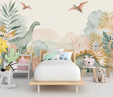 Load image into Gallery viewer, Watercolor Dinosaur Forest Wall Mural – Enchanted Prehistoric Jungle Wallpaper with Moon, Stars Dinosaurs for Kids Room or Nursery 890RS