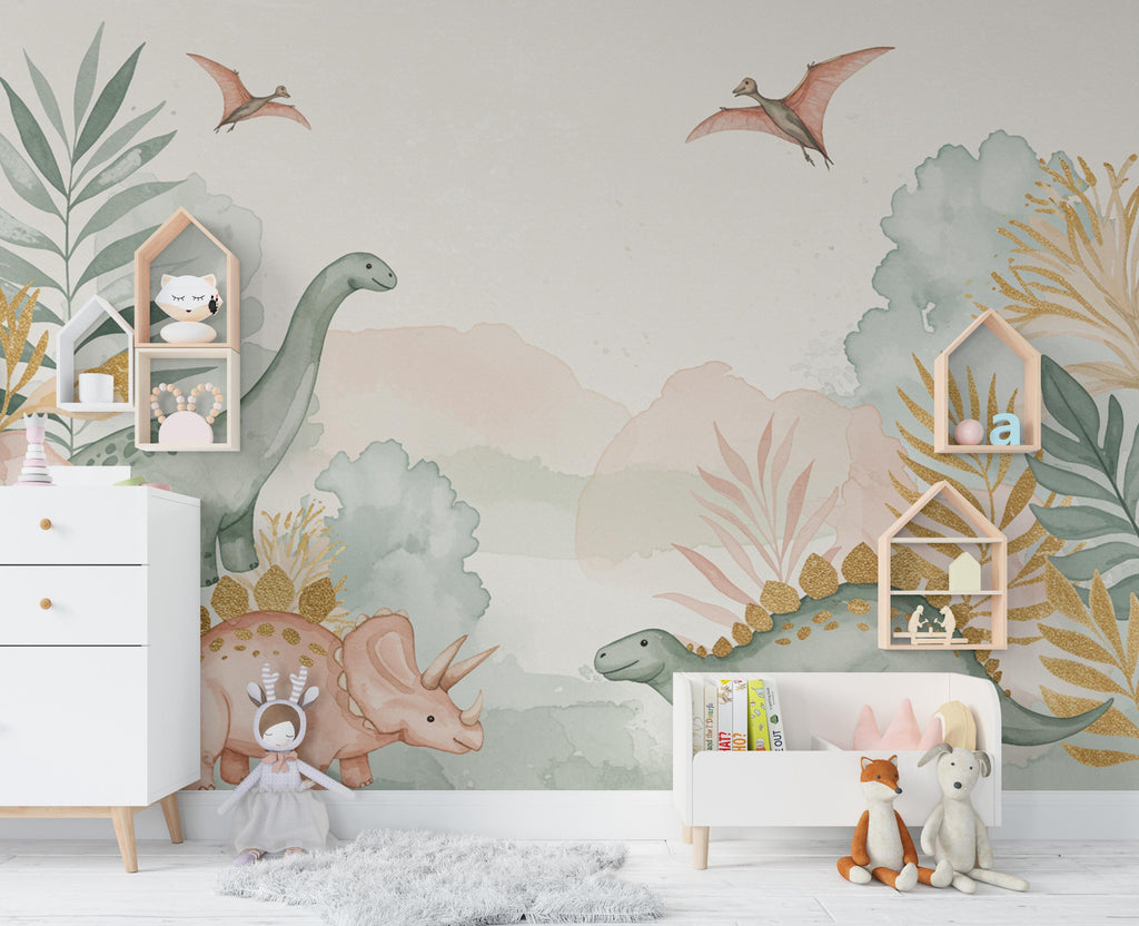 Watercolor Dinosaur Forest Wall Mural – Enchanted Prehistoric Jungle Wallpaper with Moon, Stars Dinosaurs for Kids Room or Nursery 890RS