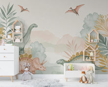 Load image into Gallery viewer, Watercolor Dinosaur Forest Wall Mural – Enchanted Prehistoric Jungle Wallpaper with Moon, Stars Dinosaurs for Kids Room or Nursery 890RS