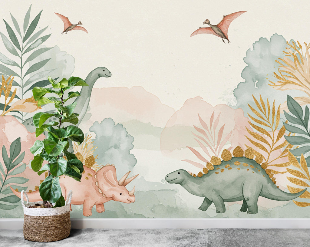 Watercolor Dinosaur Forest Wall Mural – Enchanted Prehistoric Jungle Wallpaper with Moon, Stars Dinosaurs for Kids Room or Nursery 890RS