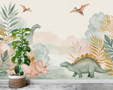 Load image into Gallery viewer, Watercolor Dinosaur Forest Wall Mural – Enchanted Prehistoric Jungle Wallpaper with Moon, Stars Dinosaurs for Kids Room or Nursery 890RS