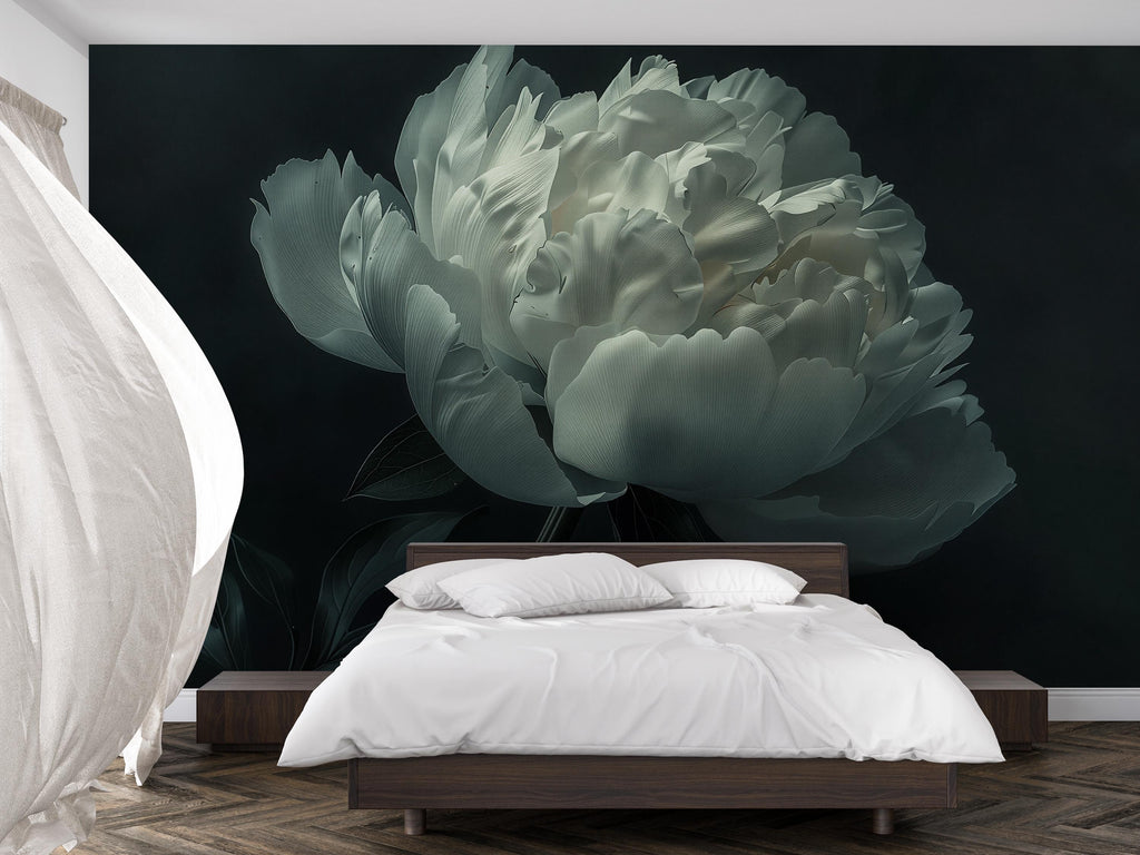 White Floral Wallpaper Mural – Elegant Oversized Peony Wall Decor for Bedroom or Living Room – Modern Removable Wallpaper Stylish Bold