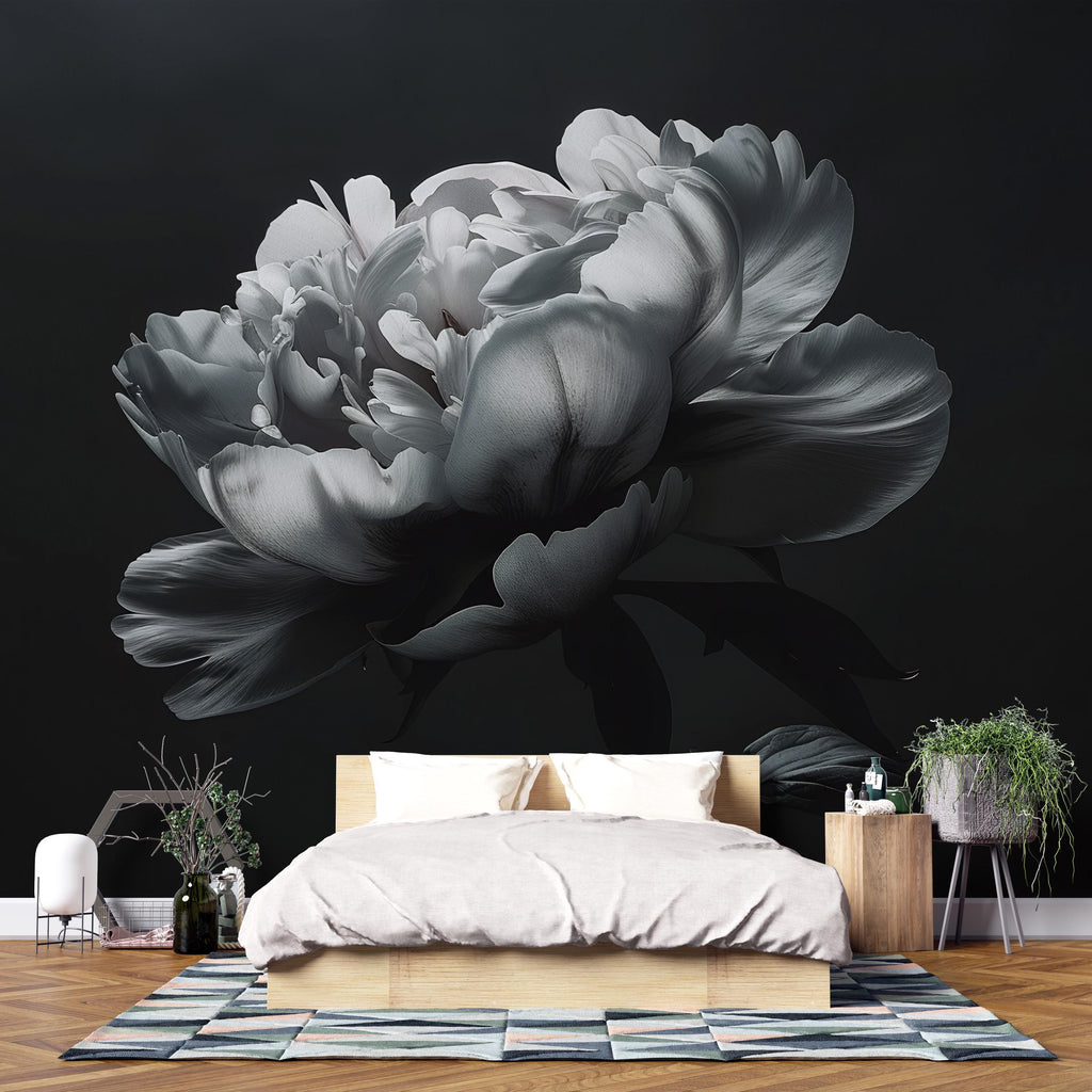 Black and White Floral Wallpaper Mural – Oversized Peony Wall Decor for Bedroom or Living Room – Modern Bold Statement Wall Art – Removable