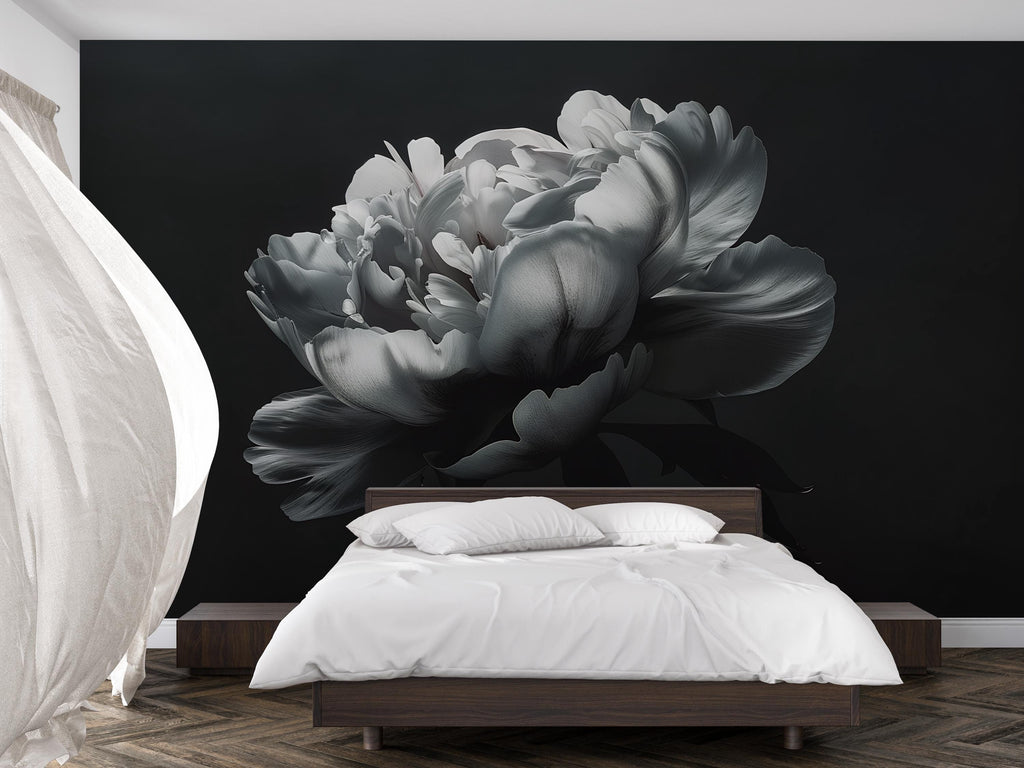 Black and White Floral Wallpaper Mural – Oversized Peony Wall Decor for Bedroom or Living Room – Modern Bold Statement Wall Art – Removable