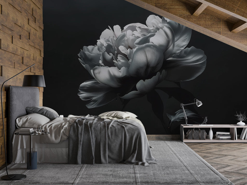 Black and White Floral Wallpaper Mural – Oversized Peony Wall Decor for Bedroom or Living Room – Modern Bold Statement Wall Art – Removable
