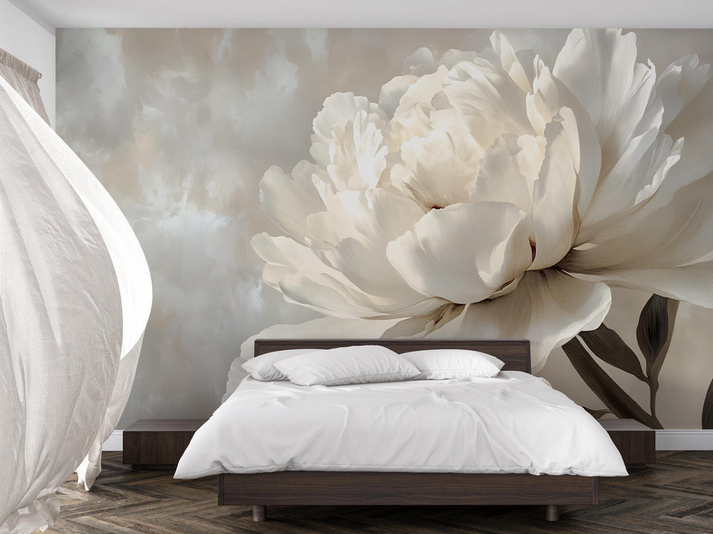 Beige Floral Wallpaper Mural – Oversized Cream Peony Wall Decor for Bedroom or Living Room – Modern Elegant Accent Wall – Removable Stylish