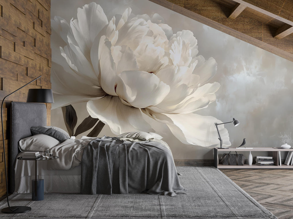Beige Floral Wallpaper Mural – Oversized Cream Peony Wall Decor for Bedroom or Living Room – Modern Elegant Accent Wall – Removable Stylish