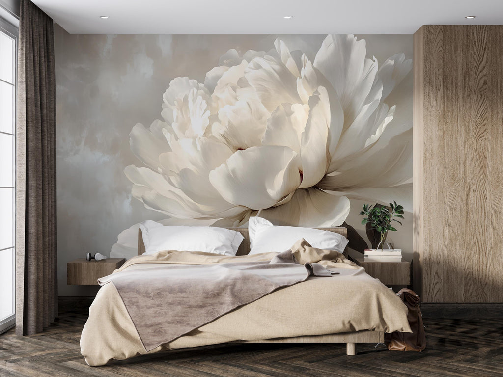 Beige Floral Wallpaper Mural – Oversized Cream Peony Wall Decor for Bedroom or Living Room – Modern Elegant Accent Wall – Removable Stylish