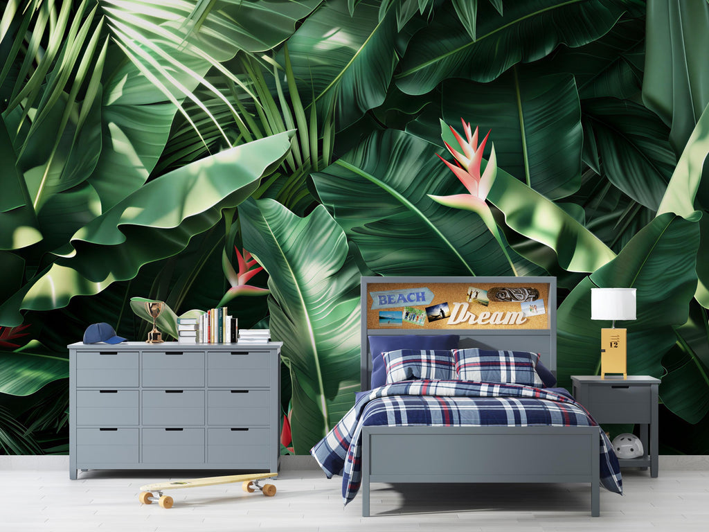 Tropical Leaf Wallpaper Mural – Jungle Banana Leaf Wall Decor for Bedroom or Living Room – Modern Bold Accent Wall Art – Removable Stylish
