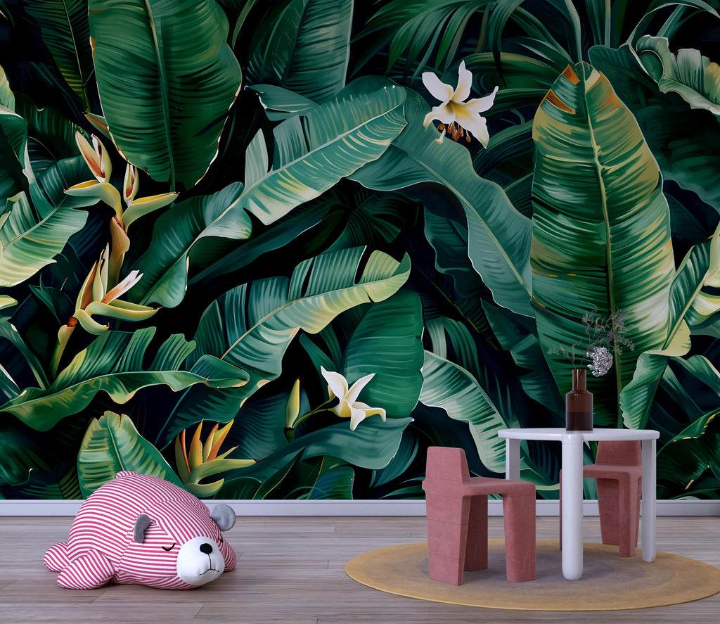 Tropical Jungle Leaf Wallpaper Mural – Bold Banana Leaf Wall Decor for Kids Room, Nursery or Living Room – Modern Peel and Stick Removable