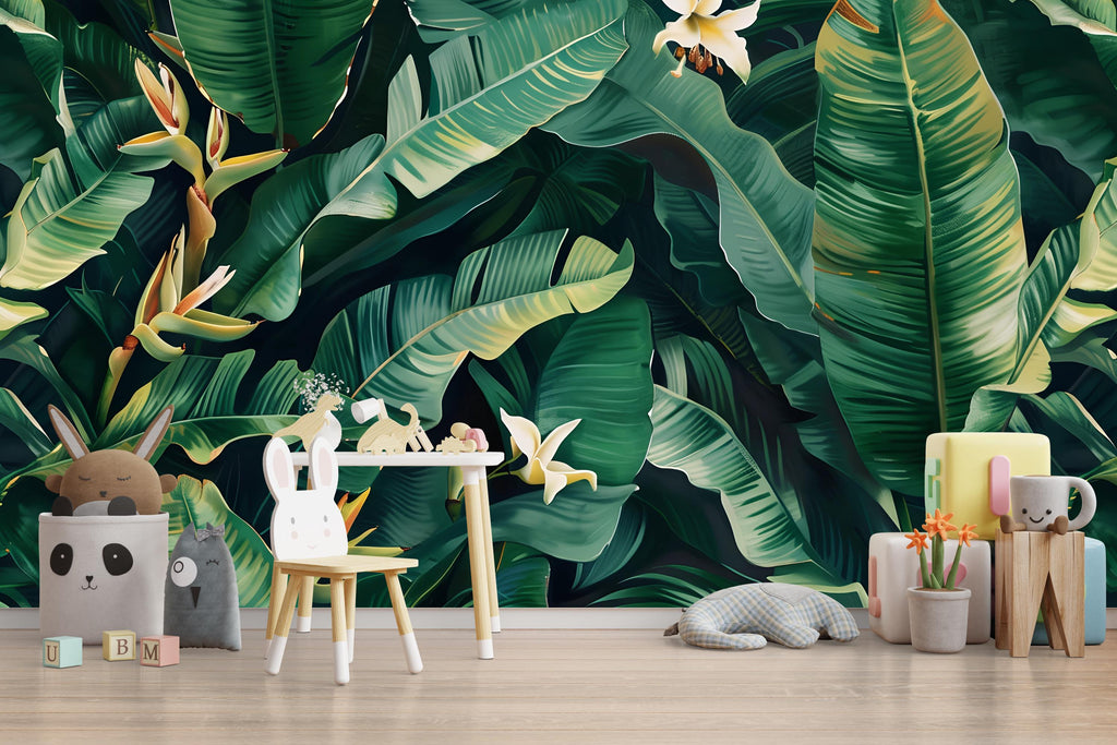 Tropical Jungle Leaf Wallpaper Mural – Bold Banana Leaf Wall Decor for Kids Room, Nursery or Living Room – Modern Peel and Stick Removable