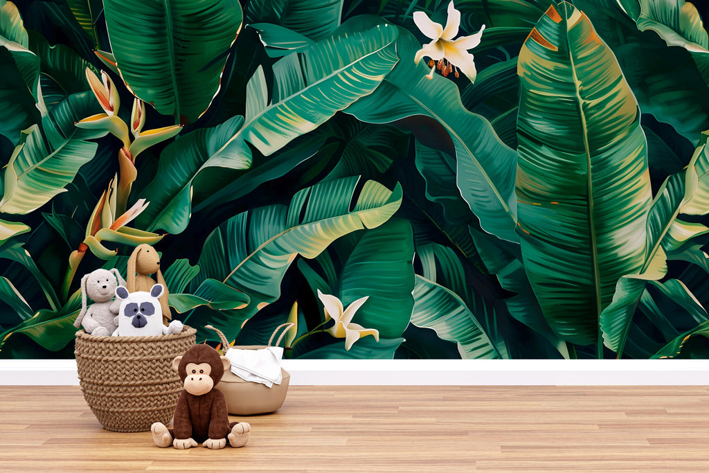 Tropical Jungle Leaf Wallpaper Mural – Bold Banana Leaf Wall Decor for Kids Room, Nursery or Living Room – Modern Peel and Stick Removable