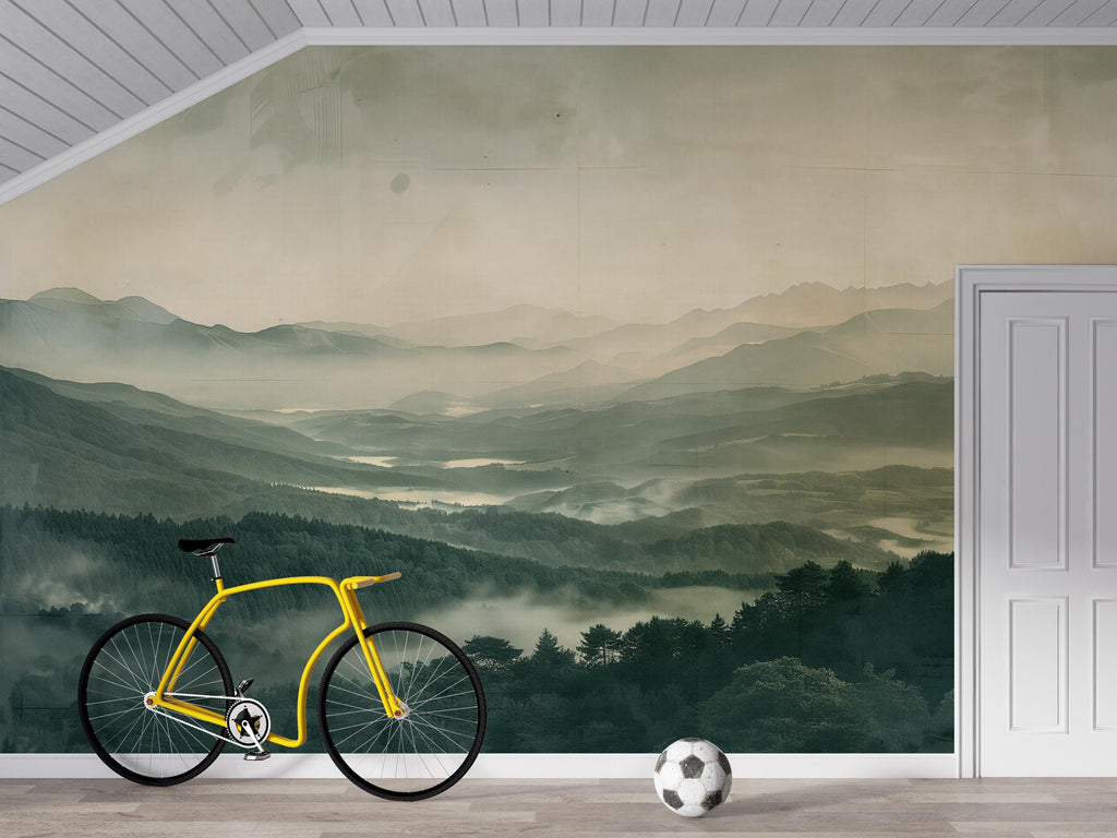 Mountain Landscape Wallpaper Mural – Misty Forest Wall Decor for Bedroom, Living Room or Kids Room – Modern Bold Scenic Accent Wall