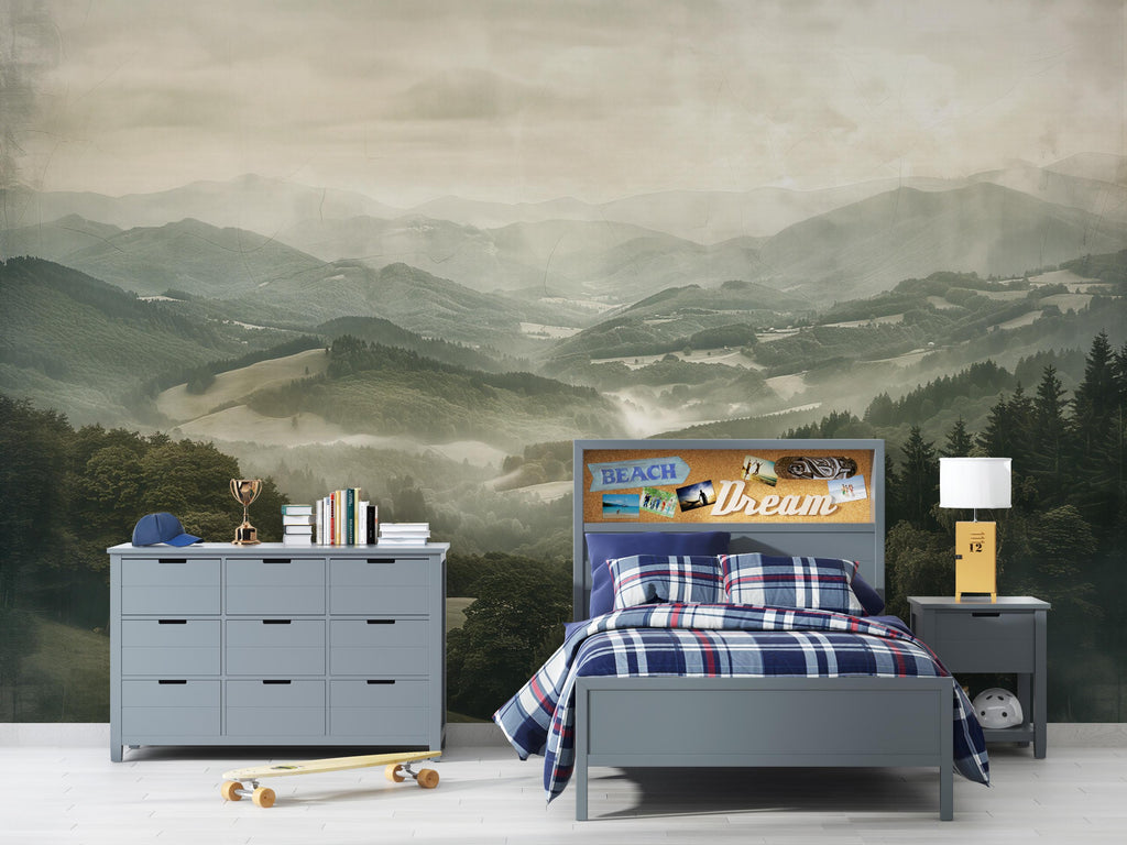 Mountain Valley Wallpaper Mural – Misty Green Landscape Wall Decor for Bedroom, Living Room or Office – Modern Scenic Accent Wall