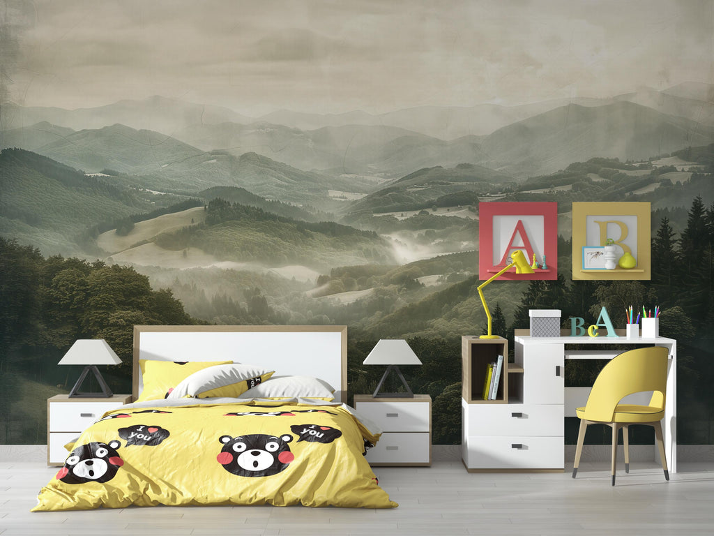 Mountain Valley Wallpaper Mural – Misty Green Landscape Wall Decor for Bedroom, Living Room or Office – Modern Scenic Accent Wall