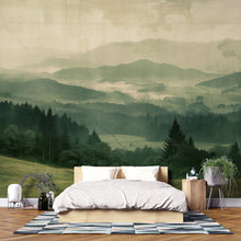 Load image into Gallery viewer, Misty Forest Mountain Wallpaper Mural – Scenic Green Landscape Wall Decor for Bedroom, Living Room or Office – Modern Bold Accent Wall