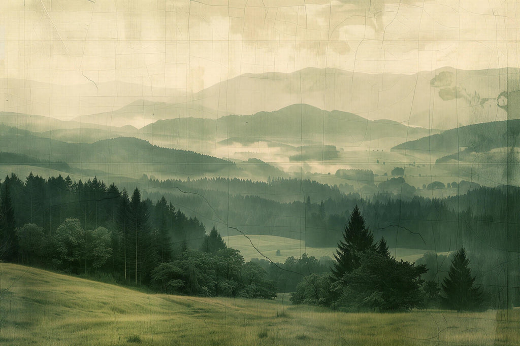 Misty Forest Mountain Wallpaper Mural – Scenic Green Landscape Wall Decor for Bedroom, Living Room or Office – Modern Bold Accent Wall