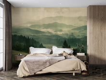 Load image into Gallery viewer, Misty Forest Mountain Wallpaper Mural – Scenic Green Landscape Wall Decor for Bedroom, Living Room or Office – Modern Bold Accent Wall