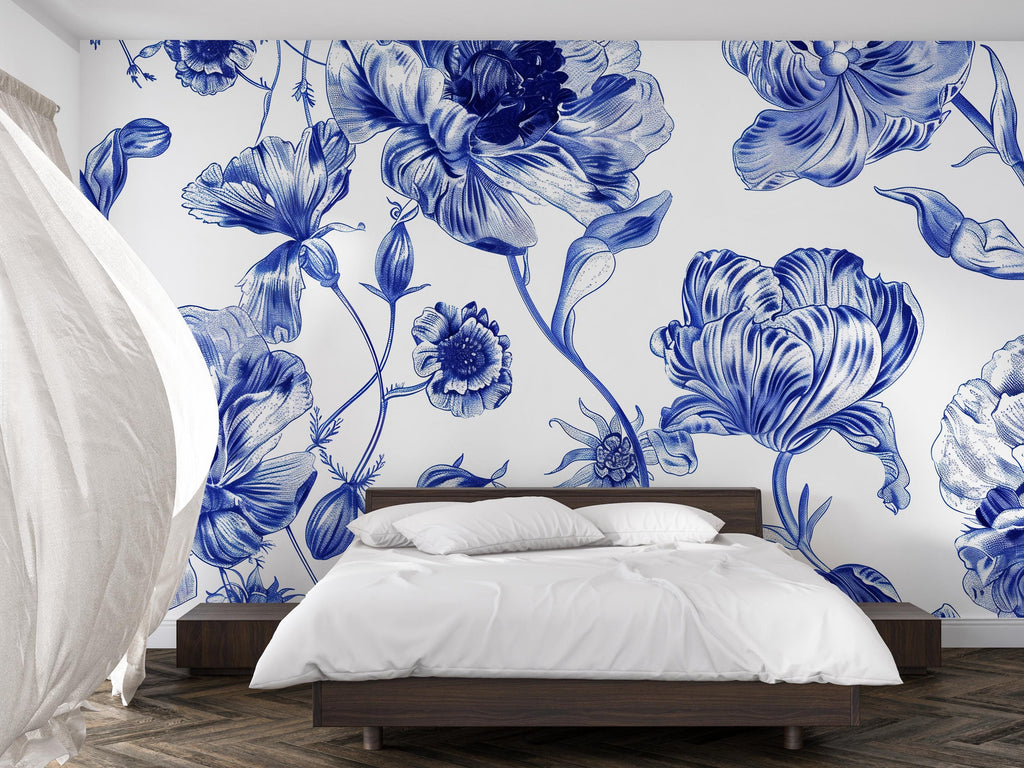 Blue and White Floral Wallpaper Mural – Oversized Botanical Wall Decor for Bedroom, Living Room or Office – Modern Bold Accent Wall