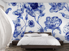Load image into Gallery viewer, Blue and White Floral Wallpaper Mural – Oversized Botanical Wall Decor for Bedroom, Living Room or Office – Modern Bold Accent Wall