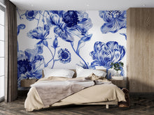 Load image into Gallery viewer, Blue and White Floral Wallpaper Mural – Oversized Botanical Wall Decor for Bedroom, Living Room or Office – Modern Bold Accent Wall