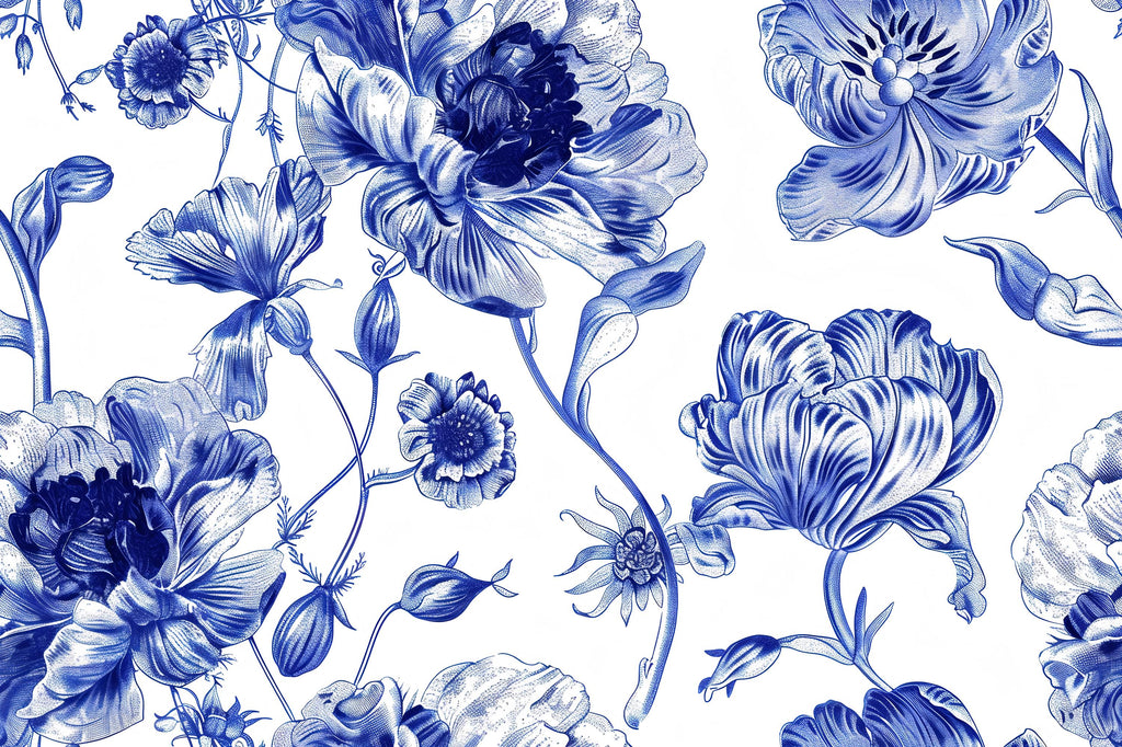 Blue and White Floral Wallpaper Mural – Oversized Botanical Wall Decor for Bedroom, Living Room or Office – Modern Bold Accent Wall