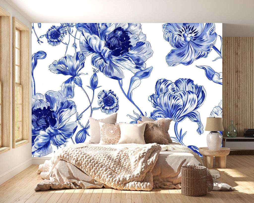 Blue and White Floral Wallpaper Mural – Oversized Botanical Wall Decor for Bedroom, Living Room or Office – Modern Bold Accent Wall