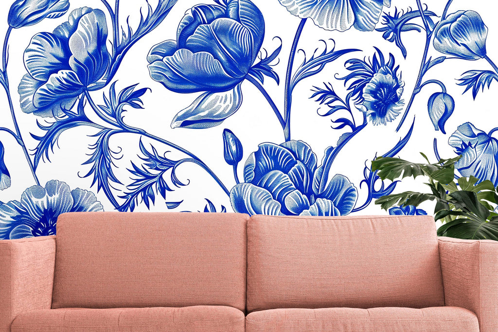 Blue and White Floral Wallpaper Mural – Oversized Botanical Flower Wall Decor for Bedroom, Living Room or Office – Modern Bold Accent