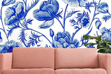 Load image into Gallery viewer, Blue and White Floral Wallpaper Mural – Oversized Botanical Flower Wall Decor for Bedroom, Living Room or Office – Modern Bold Accent