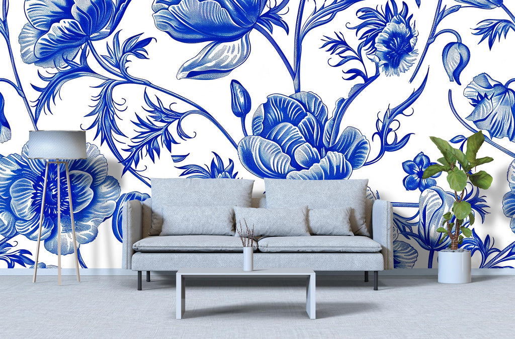 Blue and White Floral Wallpaper Mural – Oversized Botanical Flower Wall Decor for Bedroom, Living Room or Office – Modern Bold Accent