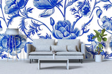 Load image into Gallery viewer, Blue and White Floral Wallpaper Mural – Oversized Botanical Flower Wall Decor for Bedroom, Living Room or Office – Modern Bold Accent