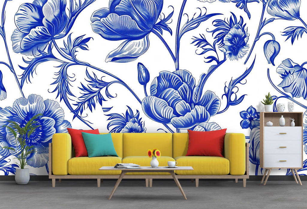 Blue and White Floral Wallpaper Mural – Oversized Botanical Flower Wall Decor for Bedroom, Living Room or Office – Modern Bold Accent
