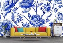 Load image into Gallery viewer, Blue and White Floral Wallpaper Mural – Oversized Botanical Flower Wall Decor for Bedroom, Living Room or Office – Modern Bold Accent