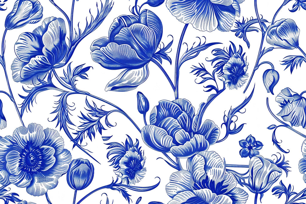 Blue and White Floral Wallpaper Mural – Oversized Botanical Flower Wall Decor for Bedroom, Living Room or Office – Modern Bold Accent