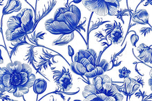 Load image into Gallery viewer, Blue and White Floral Wallpaper Mural – Oversized Botanical Flower Wall Decor for Bedroom, Living Room or Office – Modern Bold Accent
