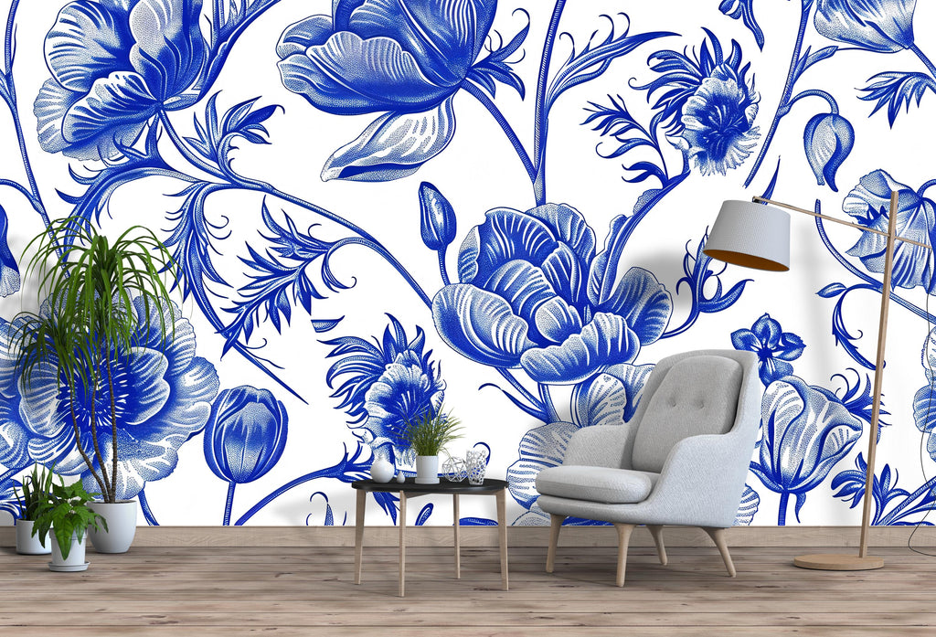 Blue and White Floral Wallpaper Mural – Oversized Botanical Flower Wall Decor for Bedroom, Living Room or Office – Modern Bold Accent