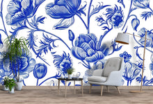 Load image into Gallery viewer, Blue and White Floral Wallpaper Mural – Oversized Botanical Flower Wall Decor for Bedroom, Living Room or Office – Modern Bold Accent