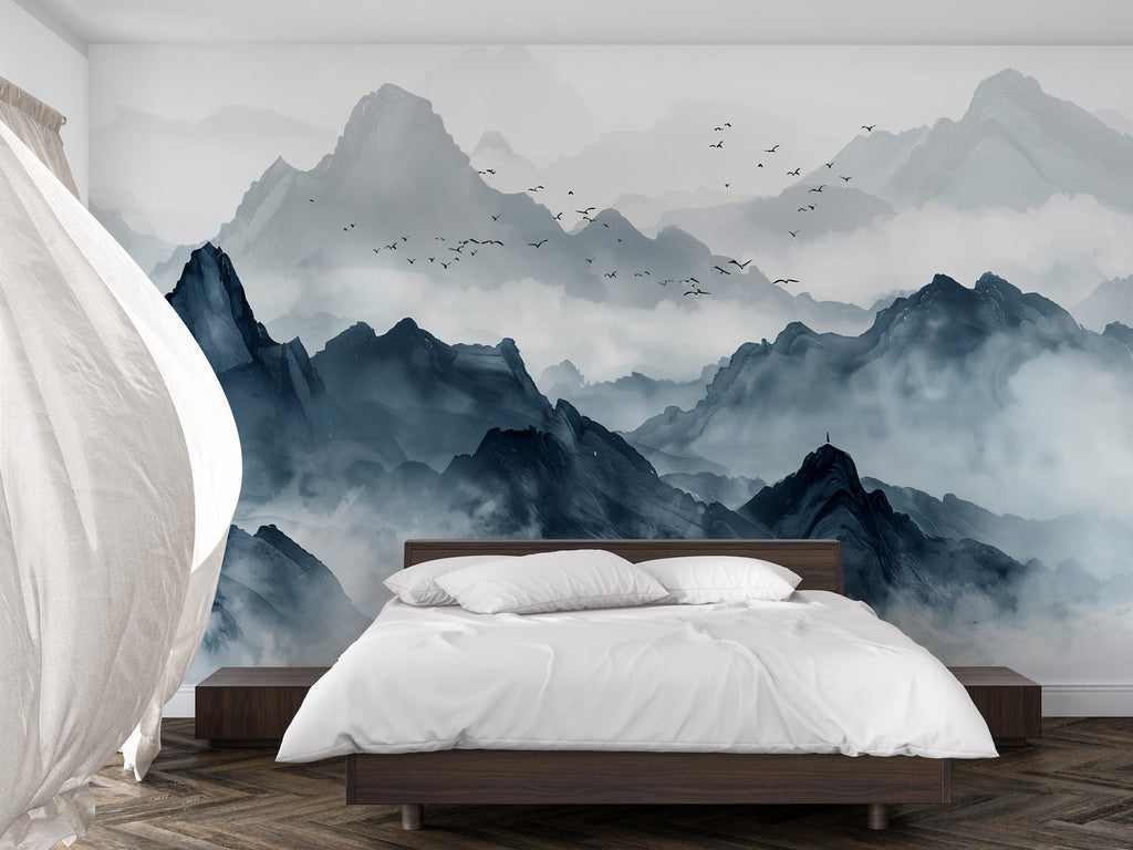Blue Mountain Wallpaper Mural – Watercolor Misty Landscape Wall Decor for Bedroom, Living Room or Office – Modern Bold Accent Wall