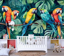 Load image into Gallery viewer, Colorful Parrot Jungle Wallpaper – Tropical Macaw Bird Wall Mural with Palm Leaves – Bold 3D Stylish Wall Decor Gift for Nursery