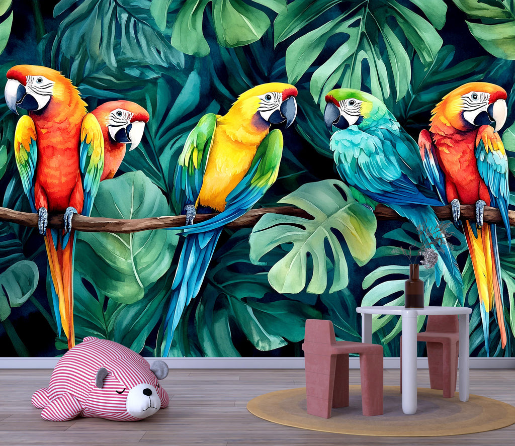 Colorful Parrot Jungle Wallpaper – Tropical Macaw Bird Wall Mural with Palm Leaves – Bold 3D Stylish Wall Decor Gift for Nursery