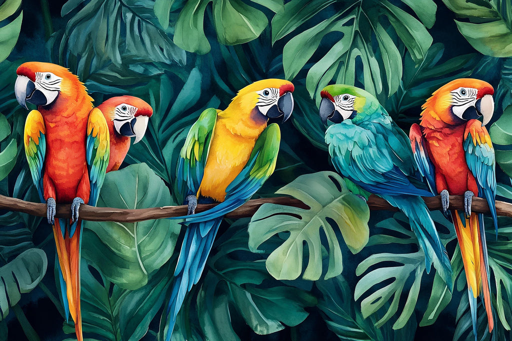 Colorful Parrot Jungle Wallpaper – Tropical Macaw Bird Wall Mural with Palm Leaves – Bold 3D Stylish Wall Decor Gift for Nursery