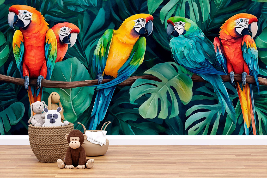 Colorful Parrot Jungle Wallpaper – Tropical Macaw Bird Wall Mural with Palm Leaves – Bold 3D Stylish Wall Decor Gift for Nursery