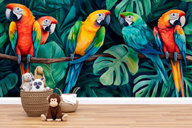 Colorful Parrot Jungle Wallpaper – Tropical Macaw Bird Wall Mural with Palm Leaves – Bold 3D Stylish Wall Decor Gift for Nursery