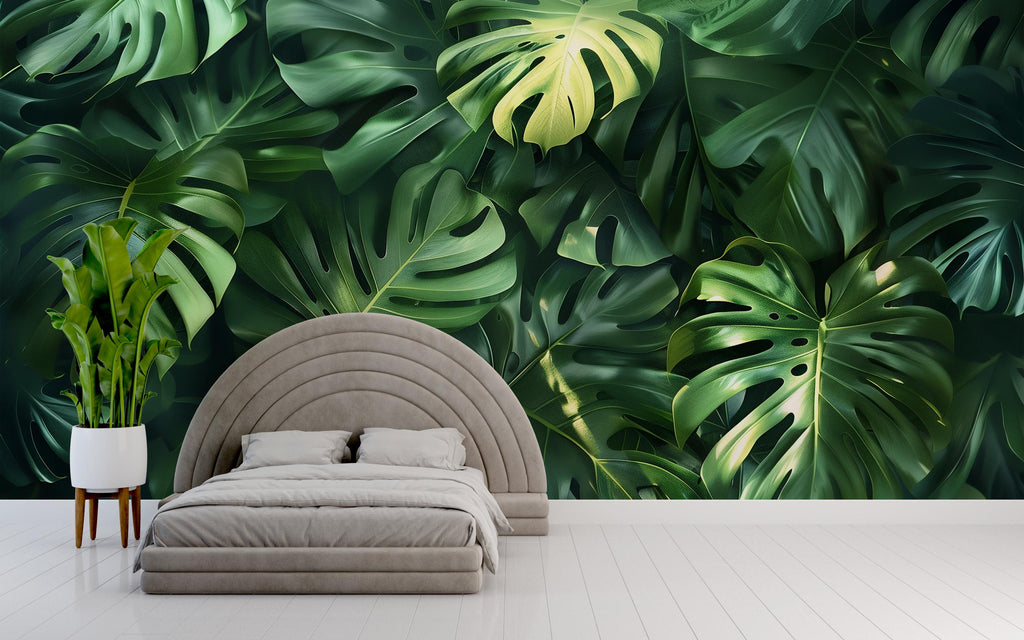 Tropical Monstera Leaf Wallpaper Mural – Bold Green Jungle Wall Decor for Bedroom, Living Room or Office – Modern Stylish Accent Wall