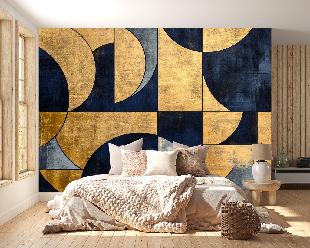 Luxury Geometric Gold and Navy Wallpaper – Modern Art Deco 3D Wall Mural Bold Stylish Bedroom Living Room Decor Elegant Gift Holiday